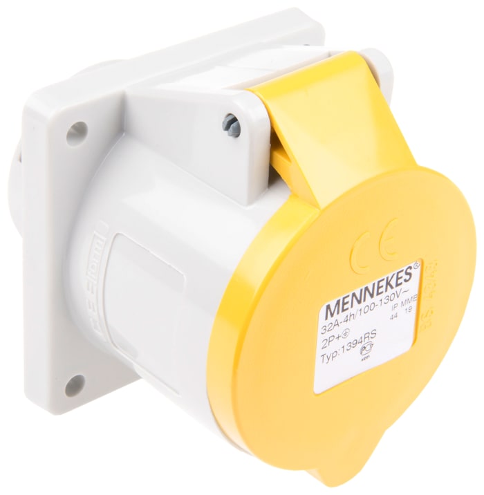 MENNEKES IP44 Yellow Panel Mount 3P Industrial Power Socket, Rated At 32A, 110 V