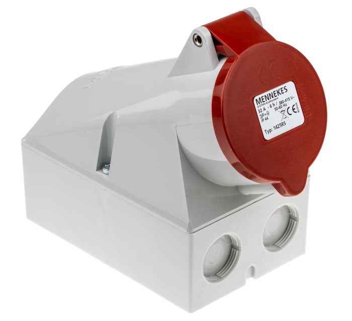 MENNEKES IP44 Red Wall Mount 4P Right Angle Socket, Rated At 32A, 415 V