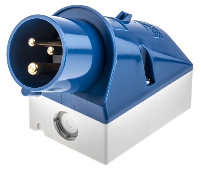 Conector de potencia industrial Macho, Formato 3P, Orientación 25 °, Azul, 230 V, 16A, IP44