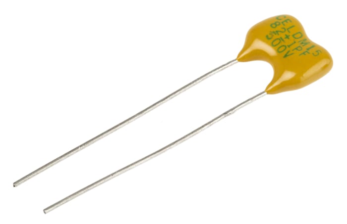 Condensateur mica, 82pF, 500V c.c., 11.43 x 4.57 x 9.14mm, pas de 5.72mm, +150 °C → -55 °C.