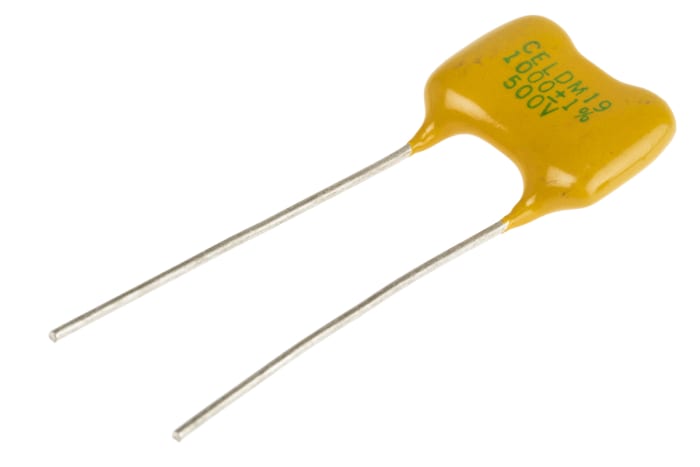 Condensateur mica, 1nF, 500V c.c., 16.51 x 5.59 x 13.21mm, pas de 8.89mm, +150 °C → -55 °C.