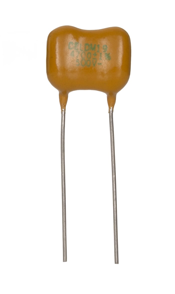 Condensateur mica, 4.7nF, 500V c.c., 17.78 x 8.89 x 14.73mm, pas de 8.89mm, +150 °C → -55 °C.