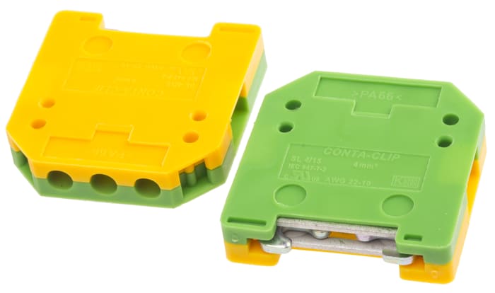 Bloque terminal de tierra, 2 vías, Sujeto con Tornillo, 0,2 → 4 AWG, long. 32mm, Verde/Amarillo