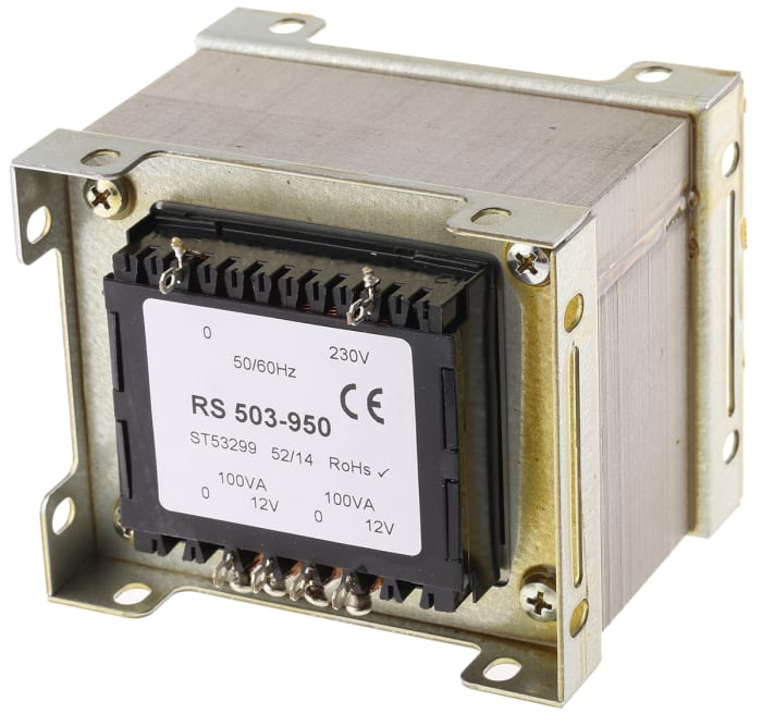 Transformateur à montage sur châssis, Vin 230V c.a., Vout 12V c.a., 2 sorties 90%, 200VA 7.2Ω
