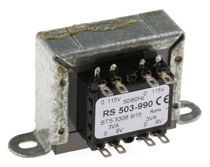 Transformador de montaje en chasis RS PRO, 9V ac 80%, 6VA, 2 salidas , Montaje de abrazadera 300+330Ω