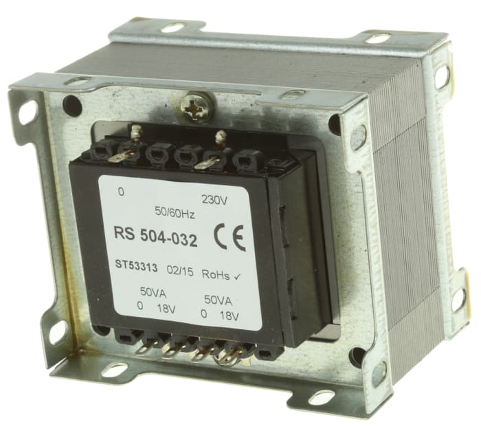 Transformateur à montage sur châssis, Vin 230V c.a., Vout 18V c.a., 2 sorties 87%, 100VA 19.6Ω