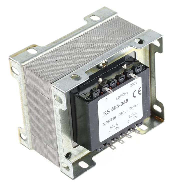Transformateur à montage sur châssis, Vin 230V c.a., Vout 9V c.a., 2 sorties 87%, 100VA 19.6Ω