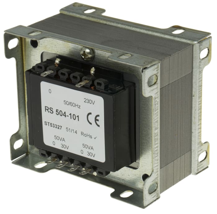 Transformateur à montage sur châssis, Vin 230V c.a., Vout 30V c.a., 2 sorties 87%, 100VA 19.6Ω