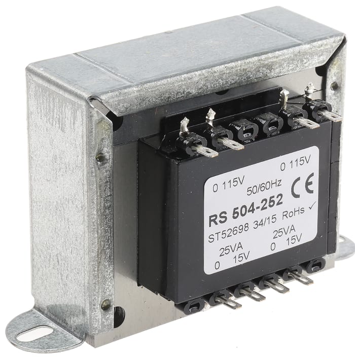 Transformador de montaje en chasis RS PRO, 15V ac 84%, 50VA, 2 salidas , Montaje de abrazadera 19.8+24.2Ω
