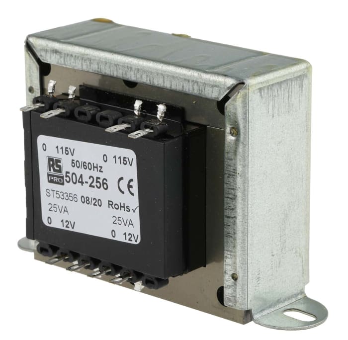 Transformador de montaje en chasis RS PRO, 12V ac 84%, 50VA, 2 salidas , Montaje de abrazadera 19.8+24.2Ω