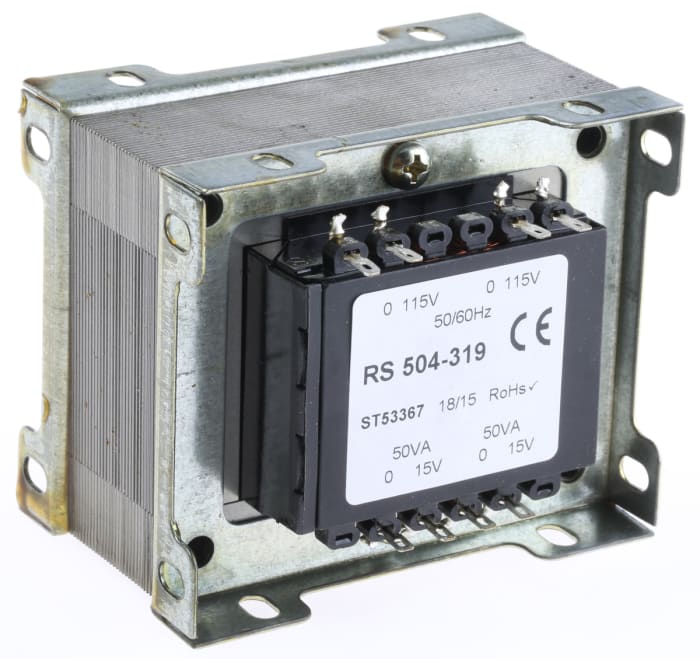 Transformateur à montage sur châssis, Vin 115 V ac, 230V c.a., Vout 15V c.a., 2 sorties 87%, 100VA 9.5+10.5Ω