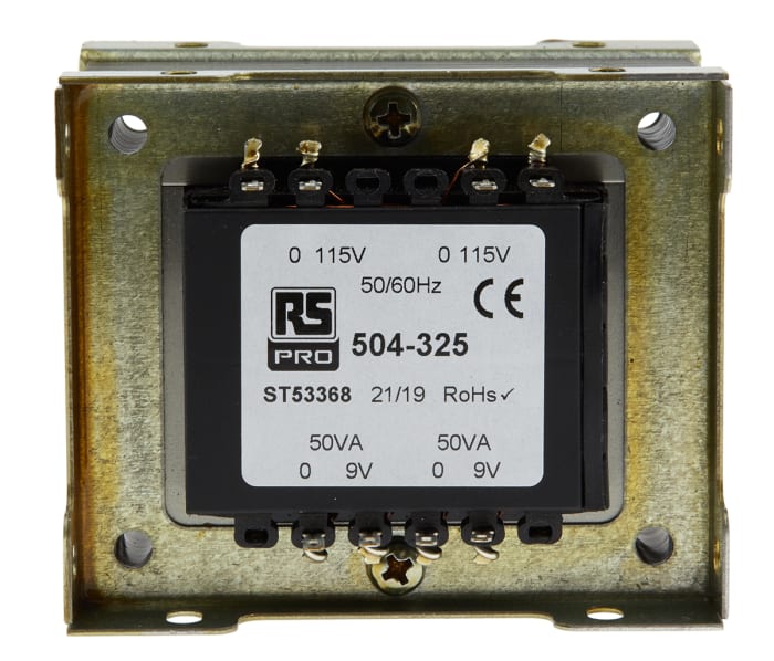 RS PRO 2 Output 100 VA Chassis Mount Transformer, 24 V ac, IEC/BS/EN 61558-1, AS/NZS 61558.1, RoHS, AS/NZS 61558.2.6,