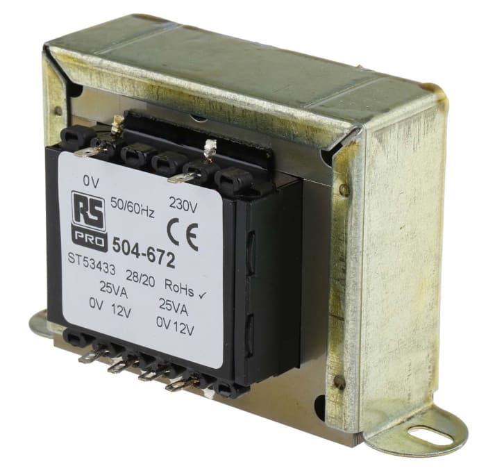 Transformateur à montage sur châssis, Vin 230V c.a., Vout 12V c.a., 2 sorties 84%, 50VA 44Ω