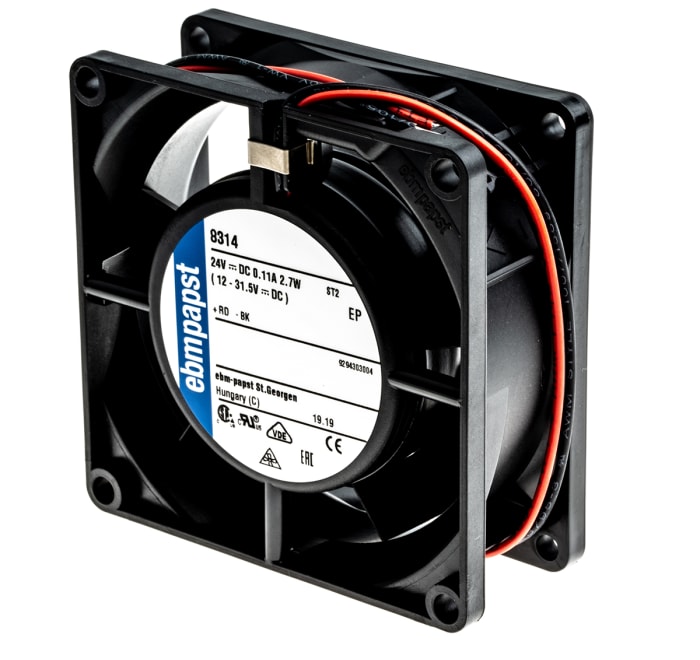 ebm-papst 8300 Series Axial Fan, 24 V dc, DC Operation, 54m³/h, 2.7W, 113mA Max, 80 x 80 x 32mm