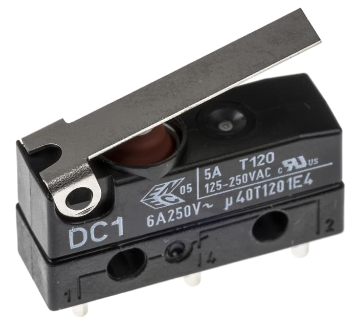 ZF Short Lever Micro Switch, Solder Terminal, 6 A @ 250 V ac, SPDT, IP6K7