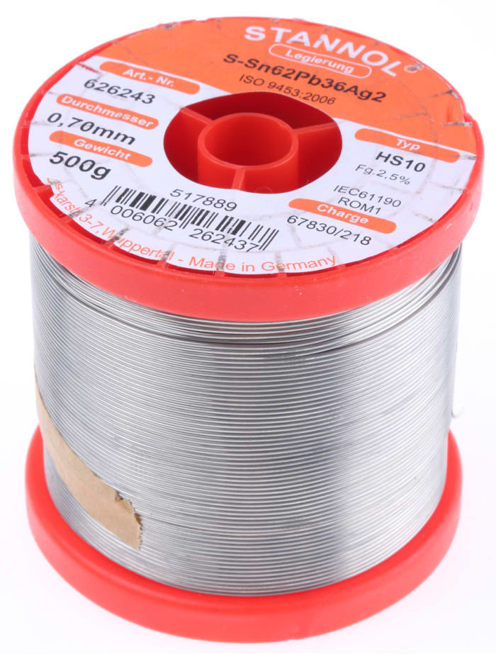 Soudure Stannol 0.7mm, 500g, Plomb 36%, Etain 62%, Argent 2%, fusion à 179°C