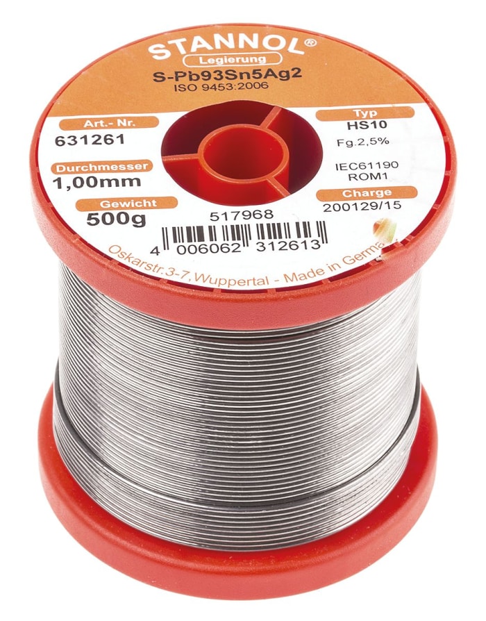 Stannol 1mm Tel Kurşunlu lehim, 500g, Erime Noktası: 296 → 301°C, Kalay Y: 5, Kurşun Y: 93%, Gümüş Y: 2