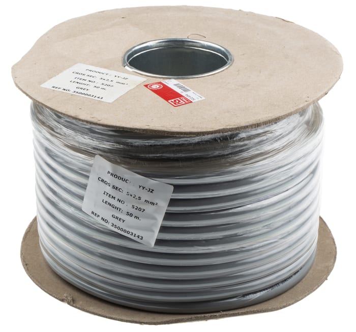 RS PRO Control Cable, 5 Cores, 2.5 mm², Unscreened, 50m, Grey PVC Sheath, 13 AWG