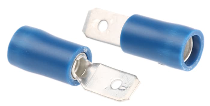 Terminal de lengüeta macho Aislado de color Azul RS PRO RS PRO, 4.75 x 0.5 mm, long. 19 mm, 16 AWG → 14 AWG, de Latón