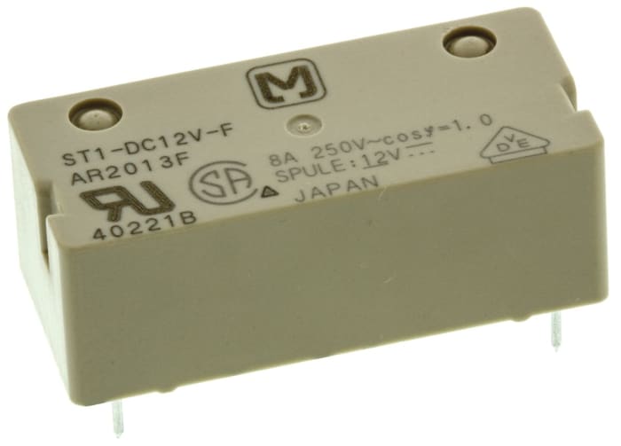 Panasonic DPST Non-Latching Relay PCB Mount, 12V dc Coil, 8 A