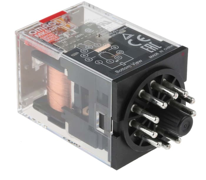 Relé de potencia sin enclavamiento Omron MKS de 3 polos, 3PDT, bobina 230V ac, 10A, enchufable