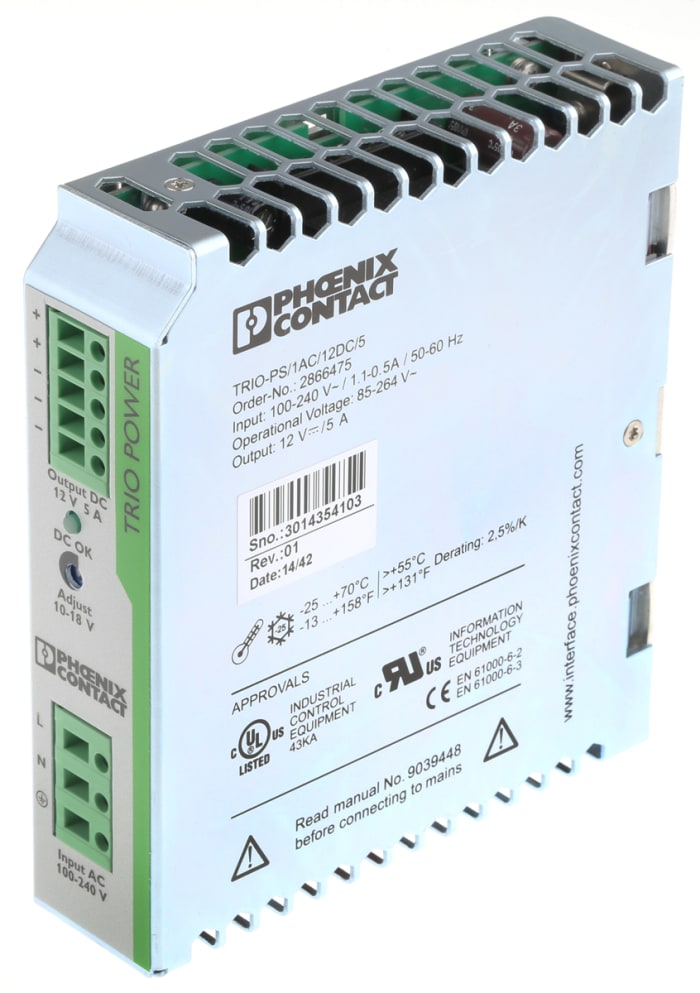 Alimentation pour rail DIN Phoenix Contact, série TRIO-PS/1AC/12DC/ 5, 12V c.c.out 5A, 60W