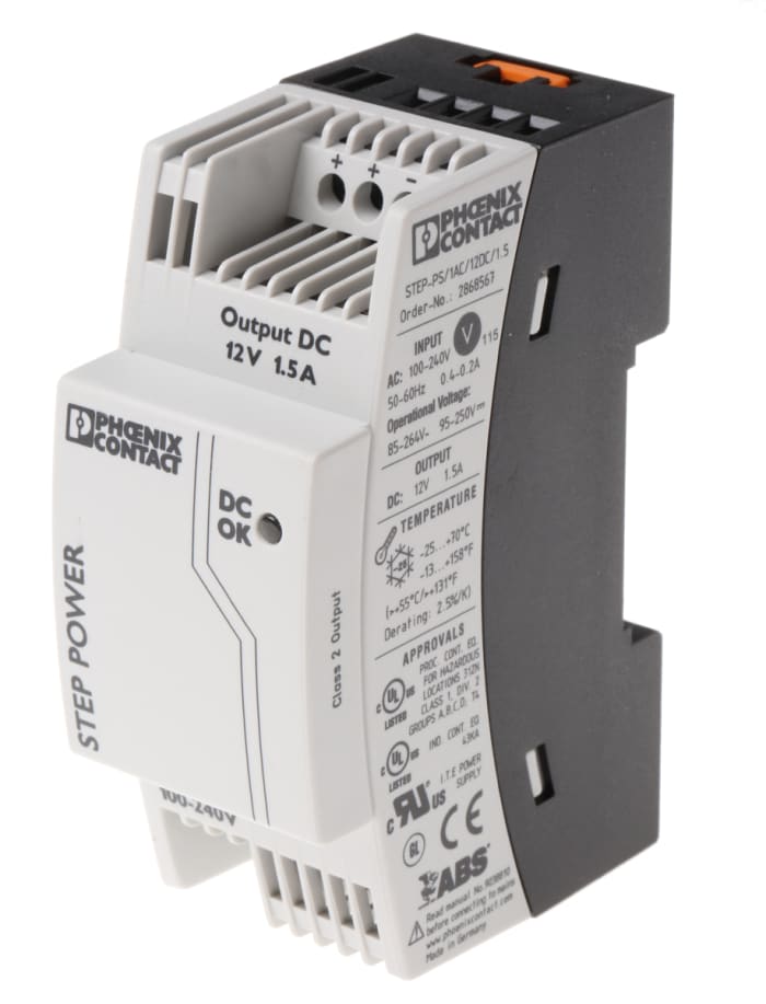 Phoenix Contact STEP POWER Switched Mode DIN Rail Power Supply, 85 → 264V ac ac Input, 12V dc dc Output, 1.5A
