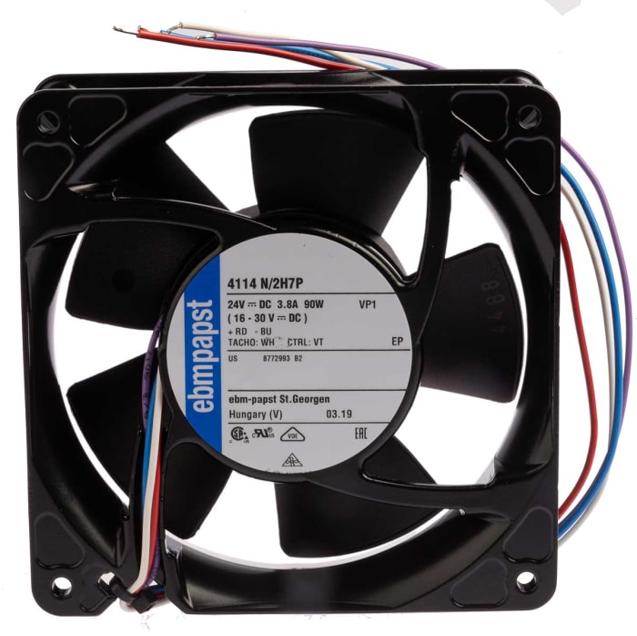 ebm-papst 4100 NH7 - S-Force Series Axial Fan, 24 V dc, DC Operation, 500m³/h, 90W, 119 x 119 x 38mm