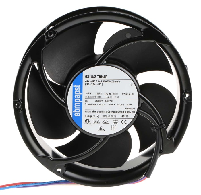 Ventilateur axial 6300 TD - S-Force ebm-papst 48 V dc, 950m³/h, 172 x 51mm, 150W, Dia. 172mm