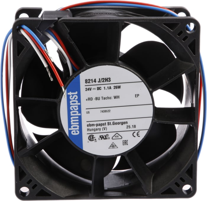 ebm-papst 8200 J Series Axial Fan, 24 V dc, DC Operation, 190m³/h, 26W, 80 x 80 x 38mm