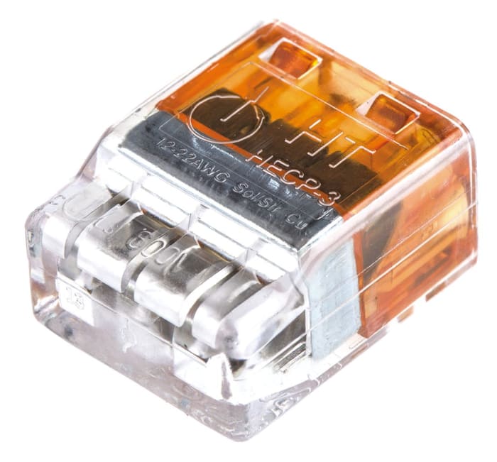 HellermannTyton HelaCon Plus Series Non-Fused Terminal Block, 3-Way, 24A, 22 → 12 AWG Wire, Push In Termination