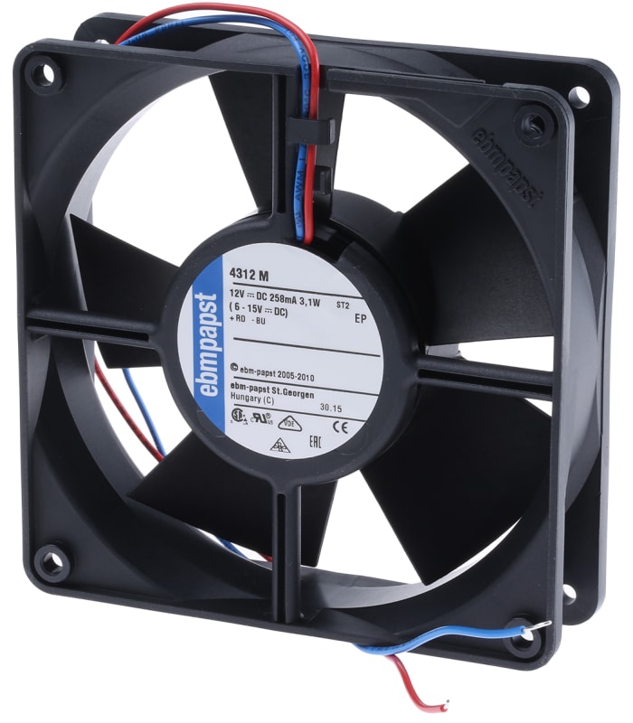 ebm-papst 4300 Series Axial Fan, 12 V dc, DC Operation, 140m³/h, 3.1W, 220mA Max, 119 x 119 x 32mm
