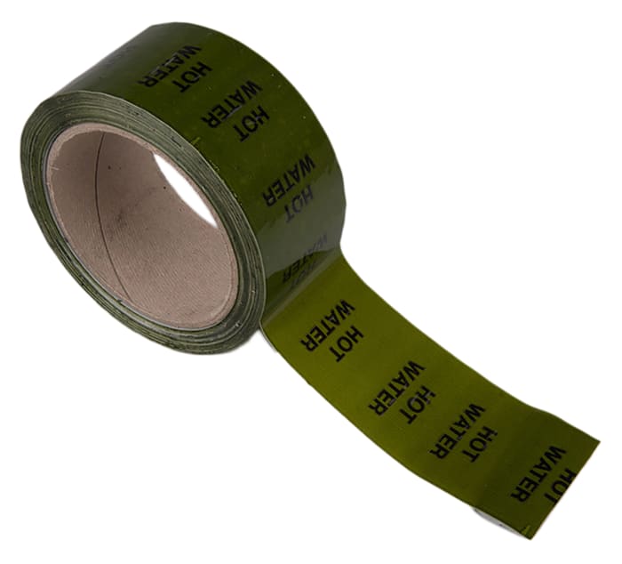 Ruban de marquage pour tuyaux Vert, Texte: Hot Water PP, Vinyle, largeur 50mm x Longueur 33m