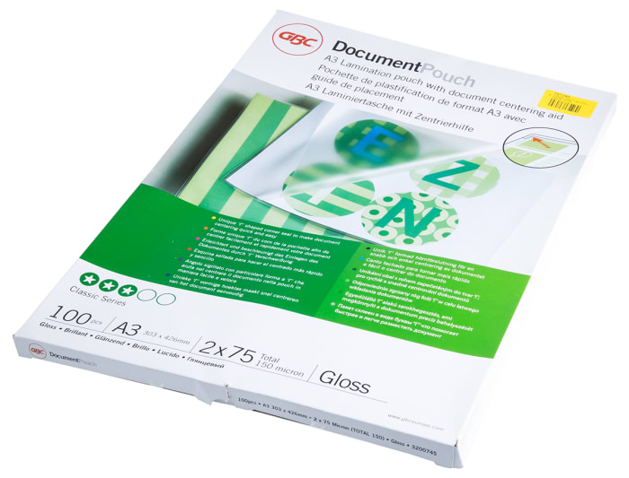Pochette de plastification, GBC, Format A3, Epaisseur 150micron, Finition Brillant, 100 unités