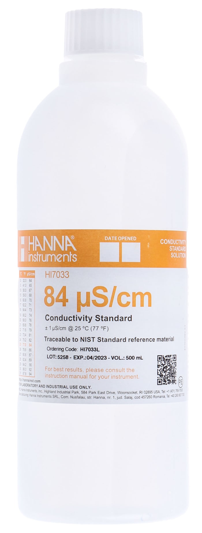 Hanna Instruments HI7033L Su Analizi Kalibrasyon Solüsyonu, 460ml, Şişe, 84μS/cm