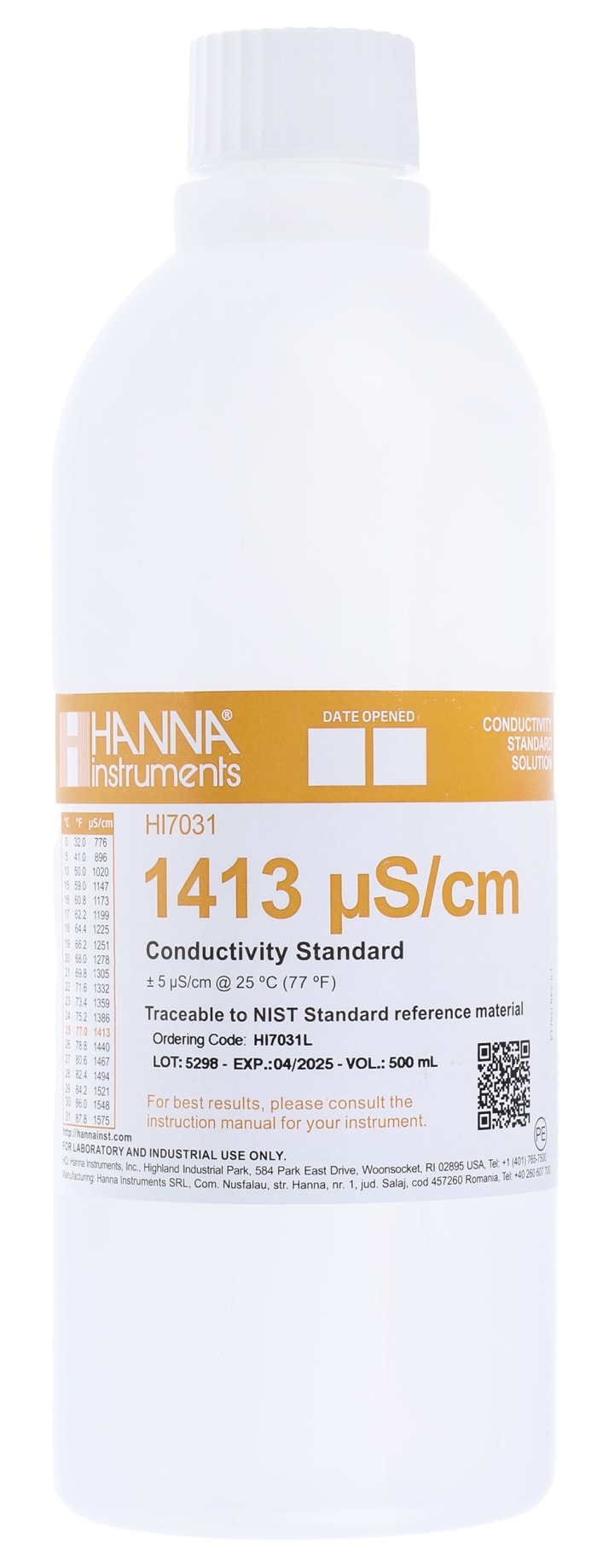 Hanna Instruments HI7031L Su Analizi Kalibrasyon Solüsyonu, 460ml, Şişe, 1413μS/cm