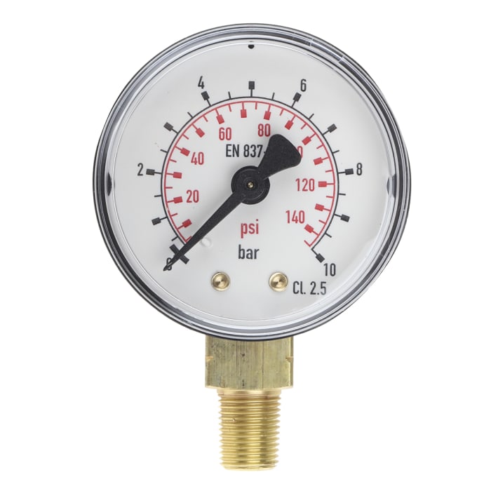 RS PRO R 1/8 Analogue Pressure Gauge 10bar Bottom Entry 50mm Outside Diameter