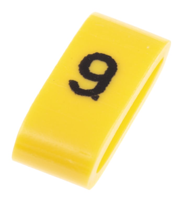 HellermannTyton Ovalgrip Slide On Cable Markers, Black on Yellow, Pre-printed "9", 1.8 → 6.0mm Cable, 901-10487