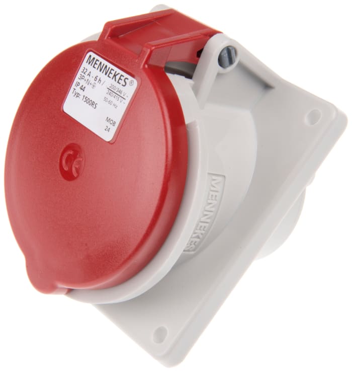 MENNEKES IP44 Red Panel Mount 3P + N + E Angled Industrial Power Socket, Rated At 32A, 400 V