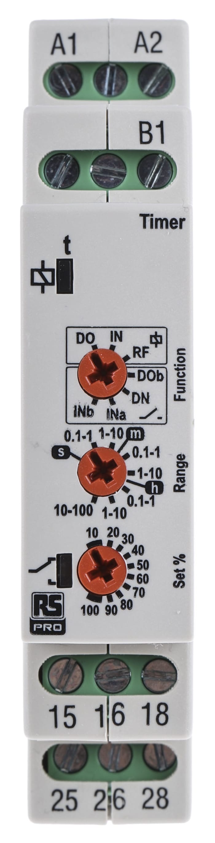 RS PRO DIN Rail Mount Timer Relay, 12 → 230V ac/dc, 0.1 s → 100h, DPDT