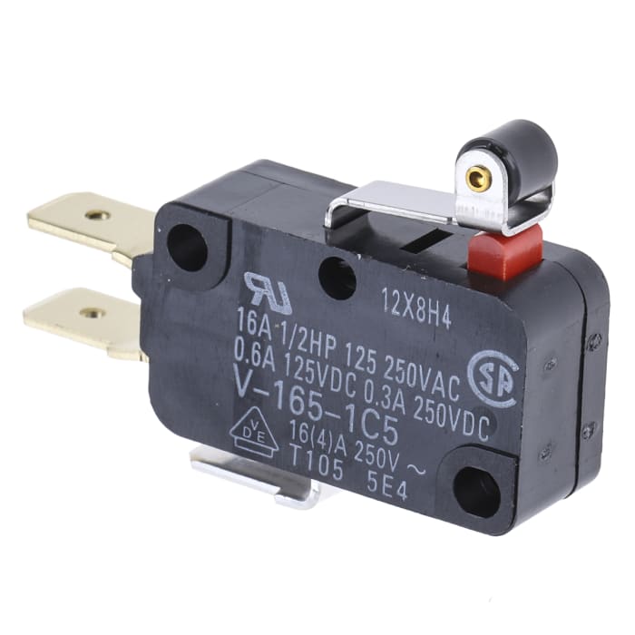 V-165-1C5 Omron, Omron Short Roller Lever Micro Switch, Tab Terminal, 16 A  @ 250 V ac, SPDT, IP40, 103-1645