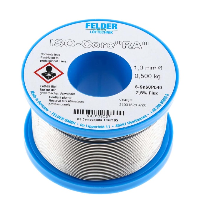 18.601.03037 Felder Lottechnik, Felder Lottechnik Wire, 1mm Lead solder,  183°C Melting Point, 104-7195