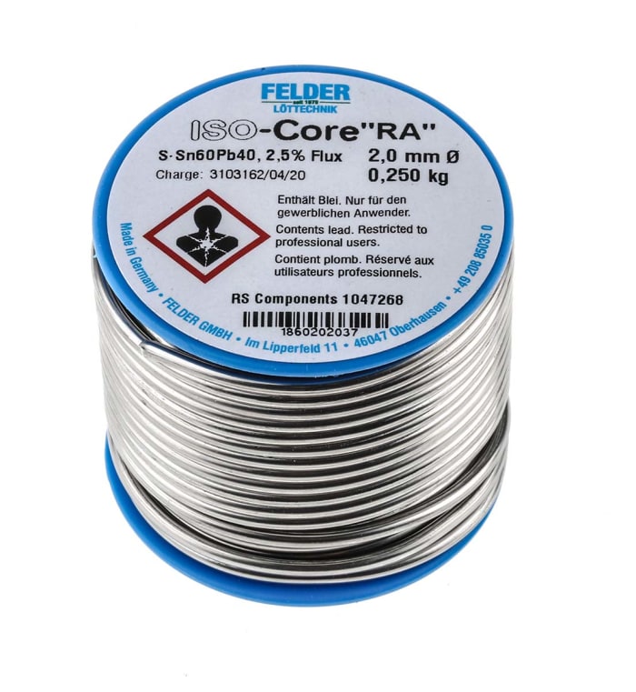 Fil à souder Felder Lottechnik 2mm, 250g, Plomb 40%, Etain 60%, fusion à 183°C