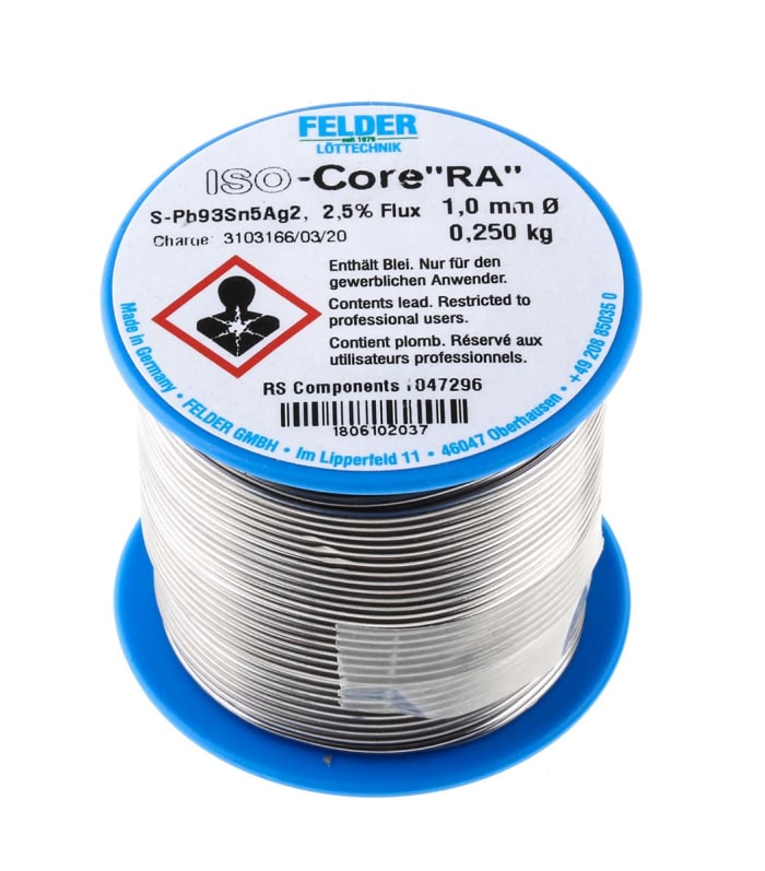 Felder Lottechnik 1mm Tel Kurşunlu lehim, 250g, Erime Noktası: +296°C, Bakır Yüzdesi: 0%, Kalay Y: 5%
