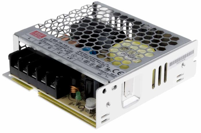MEAN WELL Switching Power Supply, LRS-75-15, 15V dc, 5A, 75W, 1 Output, 120 → 373 V dc, 85 → 264 V ac