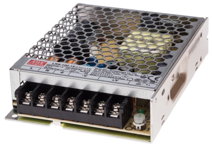 MEAN WELL Switching Power Supply, LRS-100-15, 15V dc, 7A, 105W, 1 Output, 120 → 373 V dc, 85 → 264 V ac