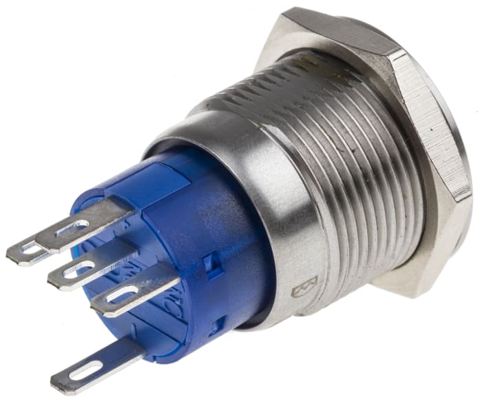 RS PRO Illuminated Push Button Switch, Latching, Panel Mount, 19.2mm Cutout, SPDT, Blue LED, 250V ac, IP67