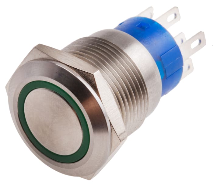 RS PRO Illuminated Push Button Switch, Momentary, Panel Mount, 19.2mm Cutout, DPDT, Green LED, 250V ac, IP67