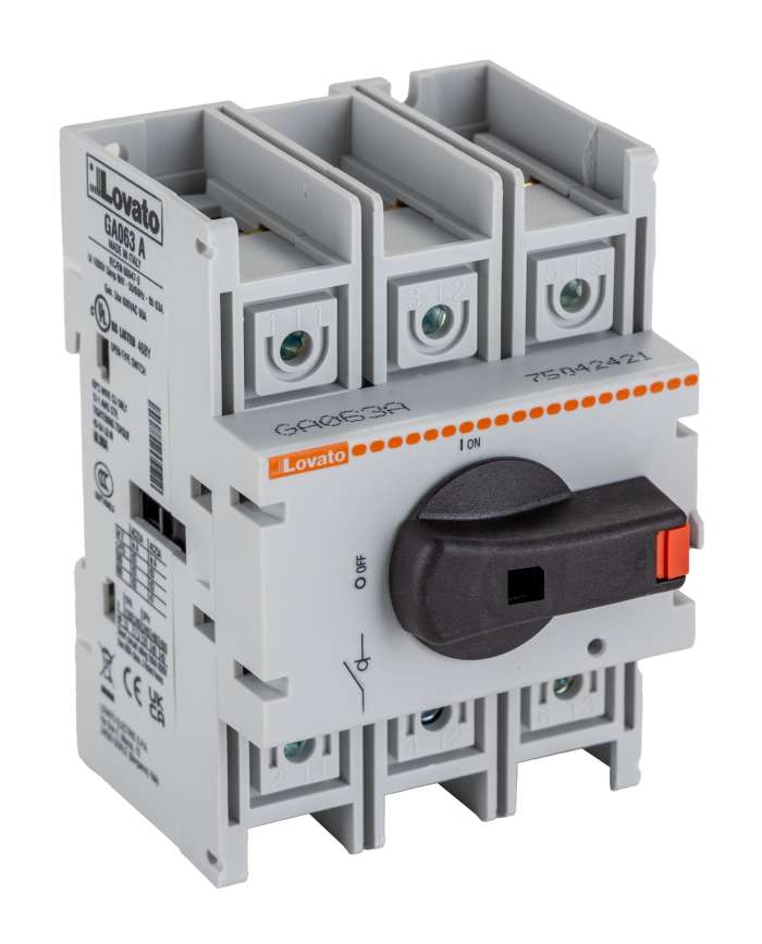 Lovato 3P Pole Isolator Switch - 63A Maximum Current, 45kW Power Rating, IP65