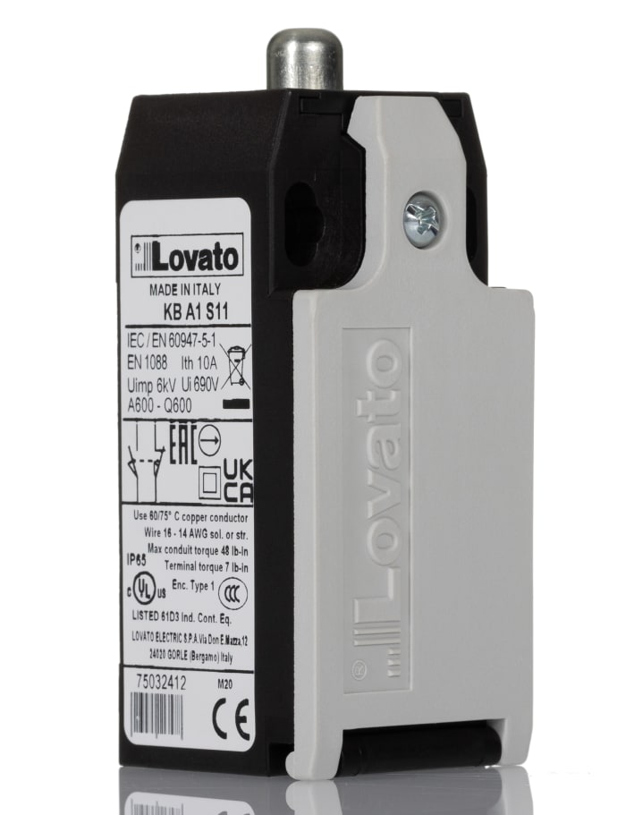 Lovato K Series Plunger Limit Switch, NO/NC, IP20, IP65, SPST-NC, SPST-NO, Thermoplastic Housing, 690V ac Max, 10A Max